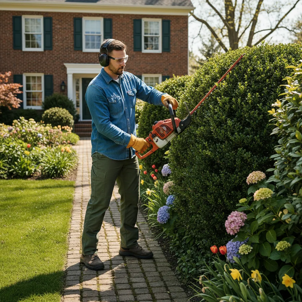Professioneller Gärtner schneidet Hecke – Gartenpflege durch Fachkompetenz und richtige Techniken