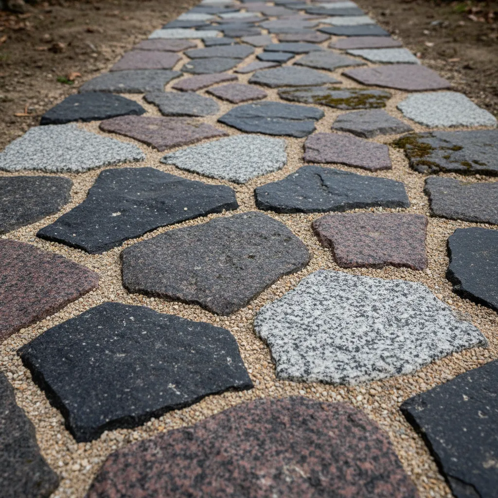 Detailaufnahme eines Natursteinwegs mit einzelnen Granitsteinen, zeigt die handwerkliche Verlegung und unterschiedliche Oberflächentexturen