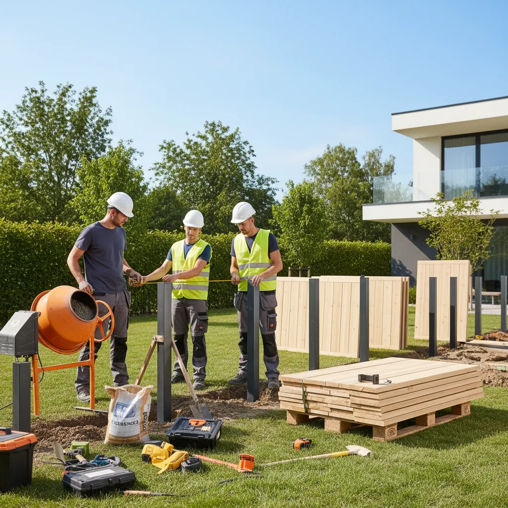 Professionelle Montage eines neuen Gartenzauns mit Pfostensetzung und Fundamentarbeiten durch Fachbetrieb