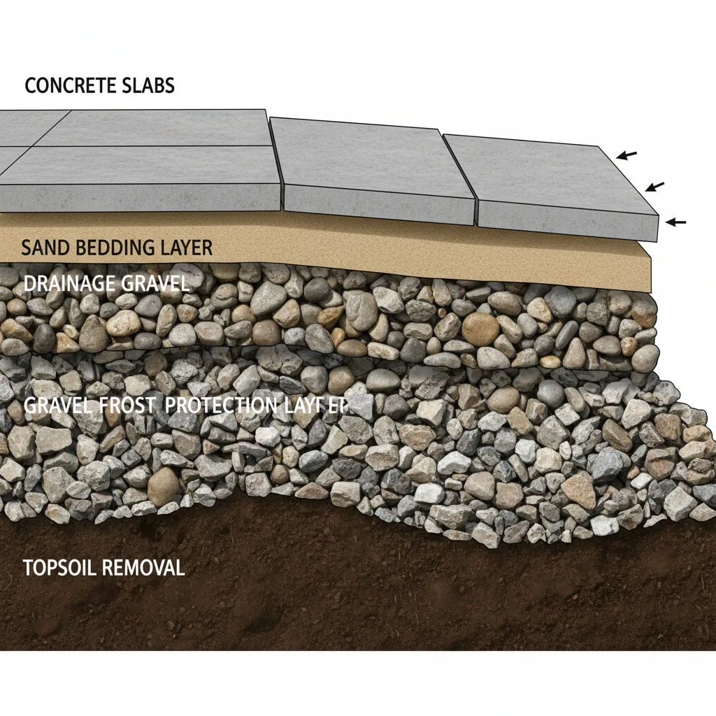 Schichtaufbau eines korrekten Plattenfundaments für Gehwegplatten mit Frostschutz, Drainage und Bettungsschicht