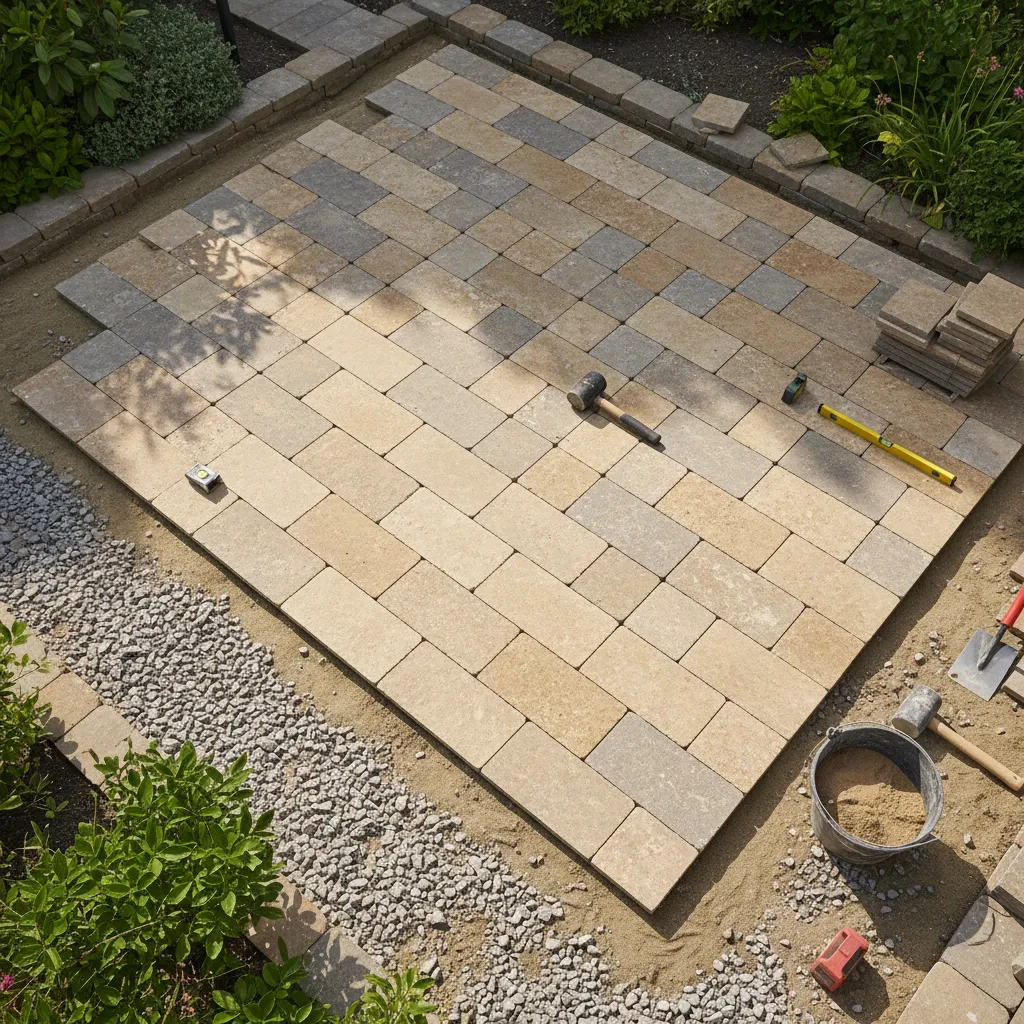Naturstein-Terrassenplatten auf Splittbett während der Verlegung, zeigt den korrekten Unterbau für haltbare Gartenplatten