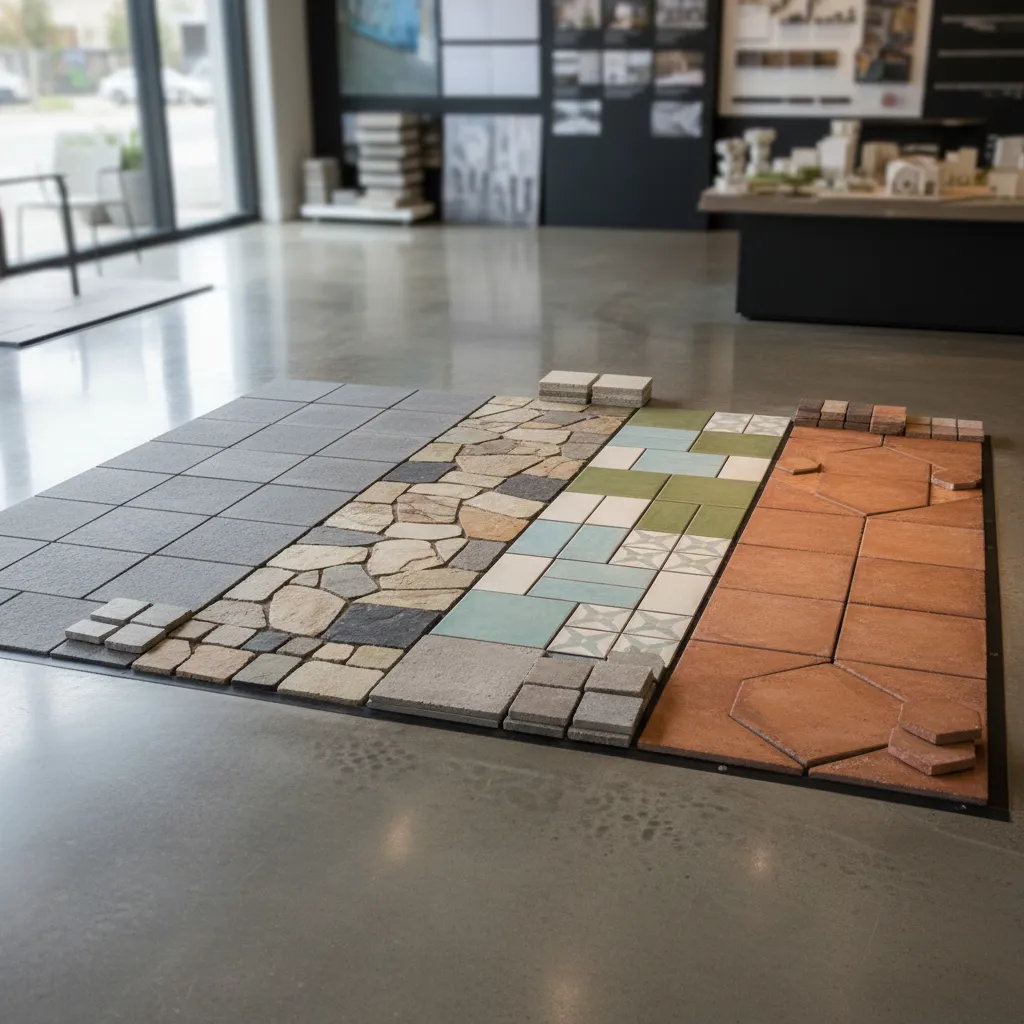 Verschiedene Gehwegplatten-Materialien nebeneinander – Betonplatten, Naturstein, Keramik und Terrassenplatten im Vergleich