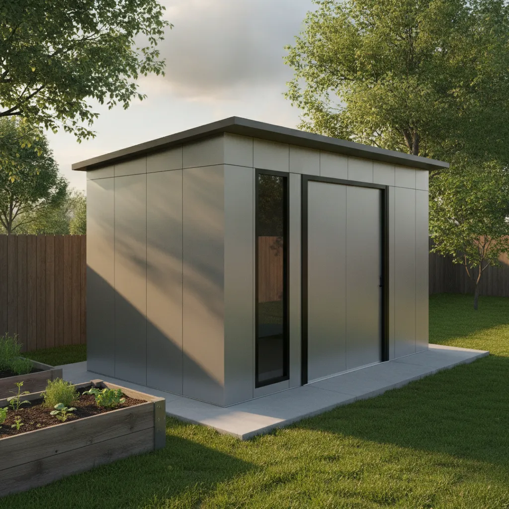 Modernes Metallgerätehaus mit professionellem Fundament auf Betonplatte im grünen Garten, zeitgenössisches Design