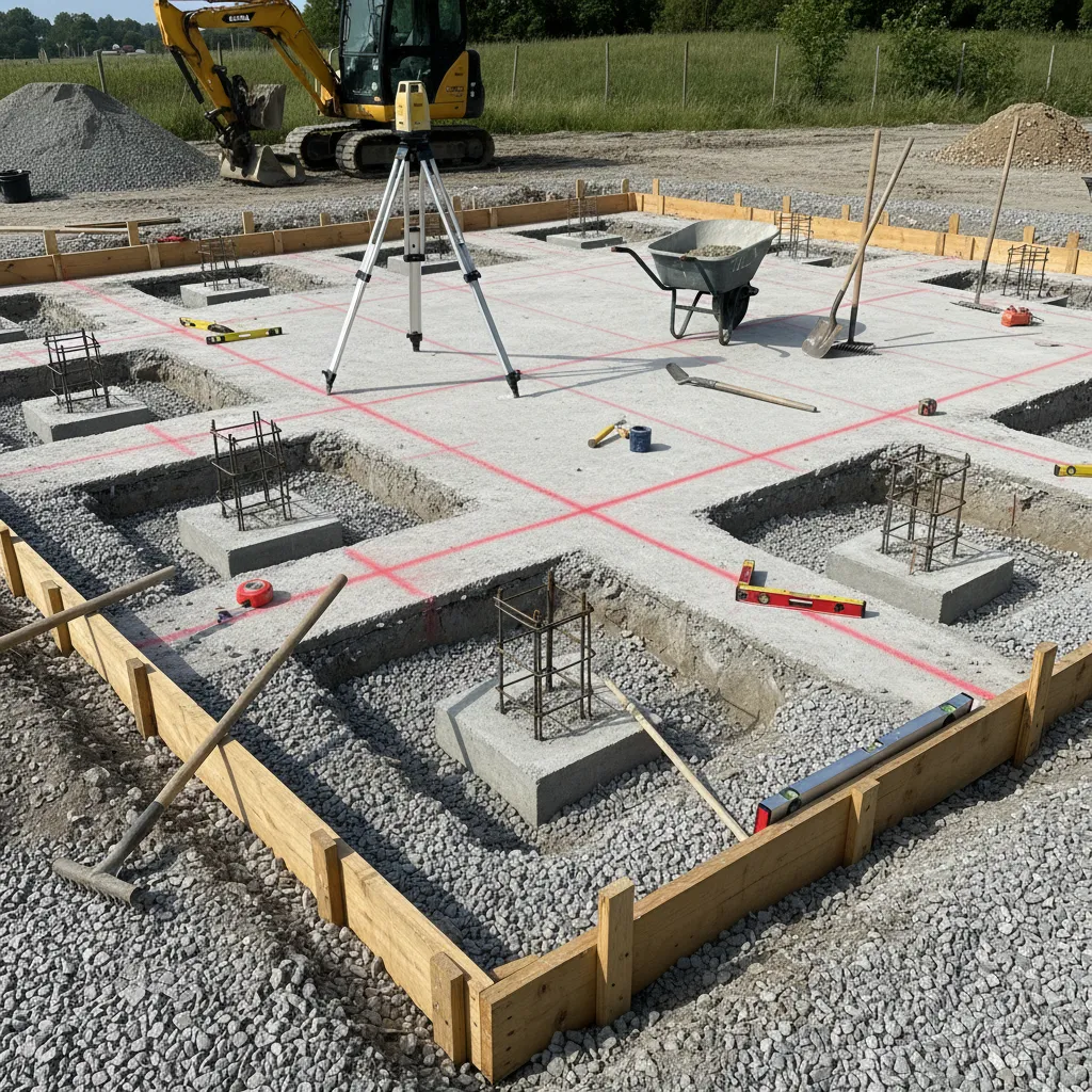 Fundamentvorbereitung für ein Gewächshaus mit Betonbasis und ebener Ausrichtung – demonstriert die fachgerechte Gründung als Basis für stabile und langlebige Gewächshäuser