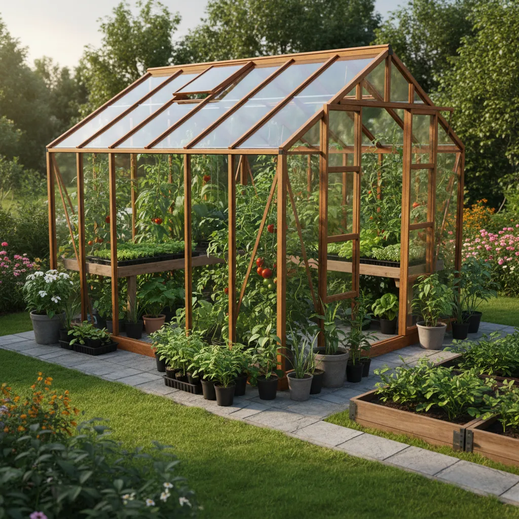 Ein fertiges, funktionales Gewächshaus mit Holzrahmen und Kunststoffabdeckung im Garten, bepflanzt mit Tomaten und Kräutern, zeigt die praktische Anwendung eines DIY-Gewächshaus-Projekts