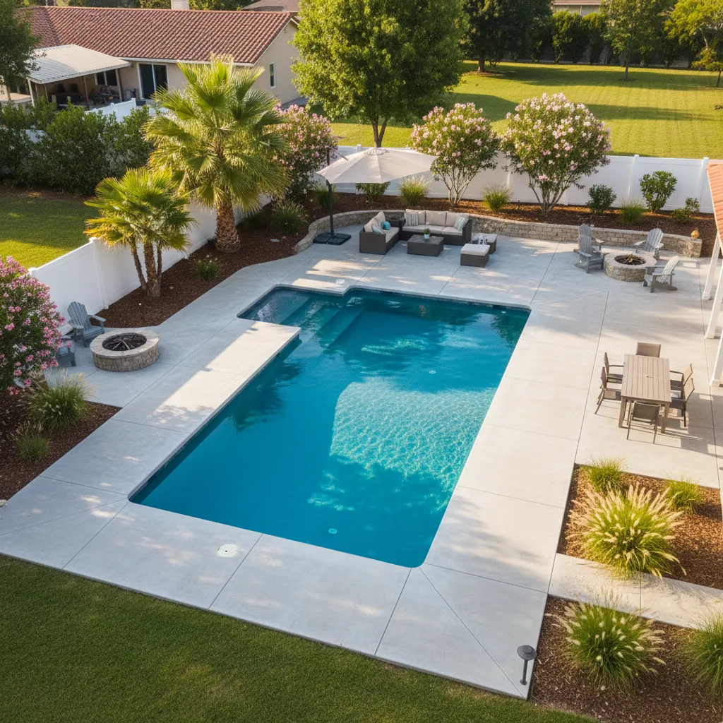 Fertig eingebauter GFK-Pool im Garten mit klarem Wasser, Betonumrandung und Gartenlandschaftsbau – professionelle Poolinstallation