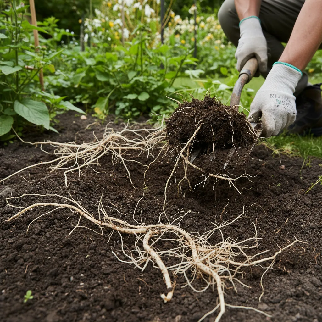 Giersch ausgraben: Arbeiter entfernt Rhizome und Wurzelsystem mit Spaten aus Gartenboden, feines Wurzelgeflecht sichtbar