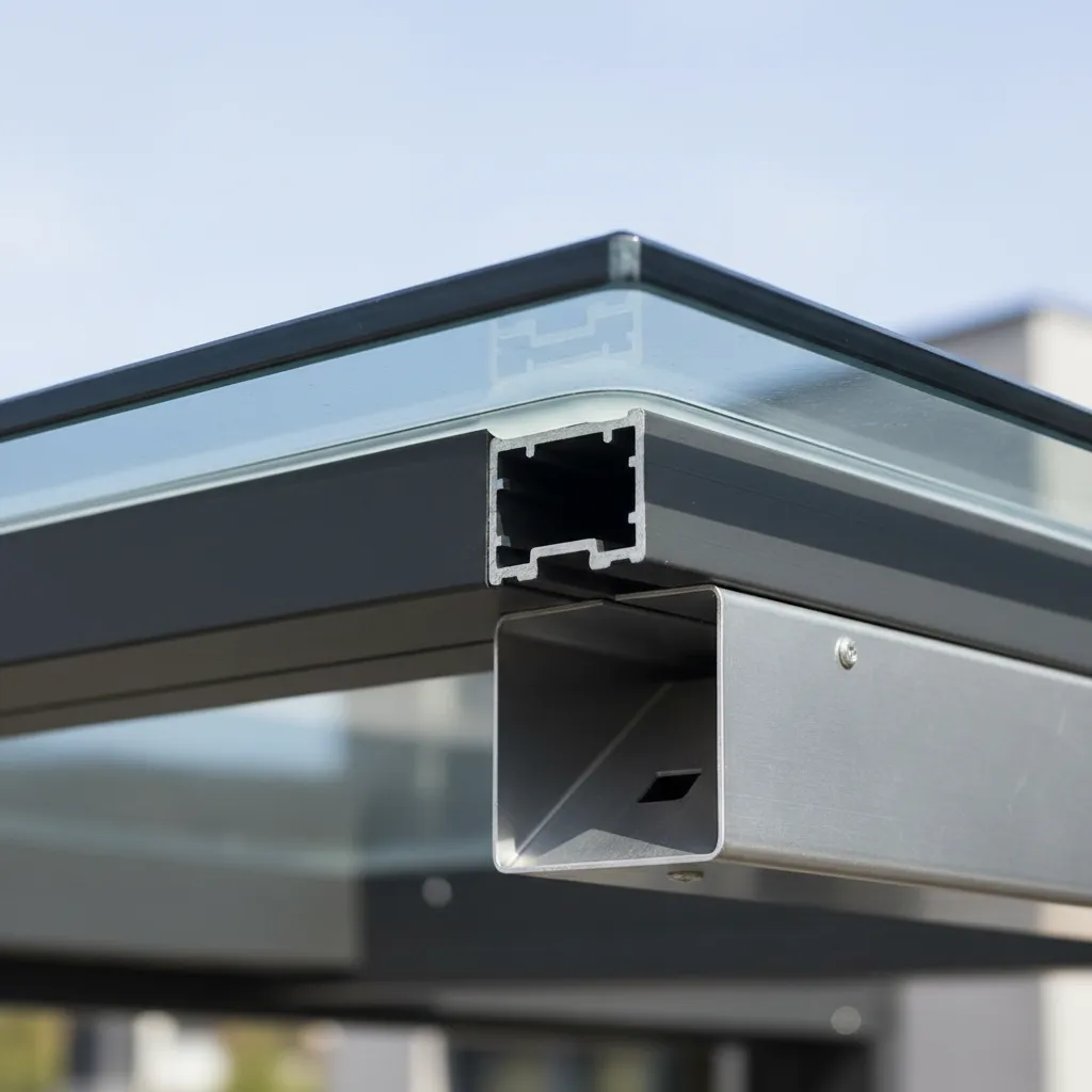 Detailaufnahme eines Glasdach-Abschlusses mit Glaspaneelen, Aluminium-Profil, Silikonfuge und Dachrinne zur Entwässerung