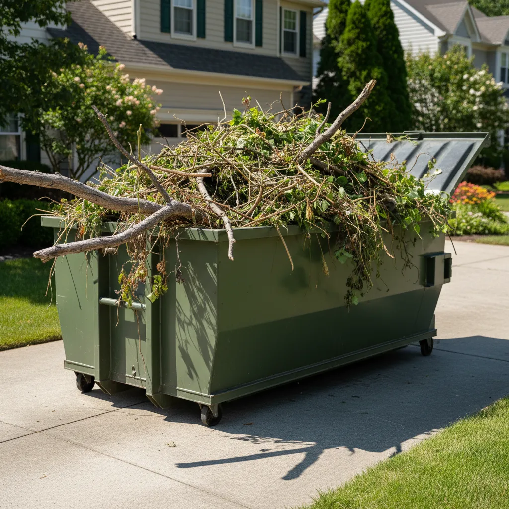 Grünschnittcontainer auf Privatgrundstück gefüllt mit Gartenabfall, zur Abholung bereit