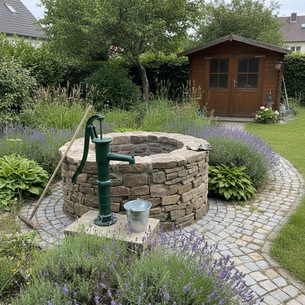 Querschnitt-Darstellung der drei Brunnenbauarten: Rammbrunnen, Hauswasserwerk-Brunnen und Tiefbrunnen mit Grundwasserschicht und Rohrsystemen