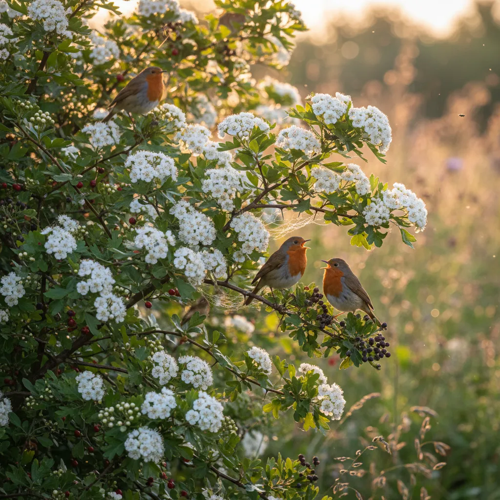 Nahaufnahme einer blühenden Weißdorn-Hecke mit Vogel und Insekten, naturnahe Heckenpflanze für Hecke pflanzen Kosten Vergleich