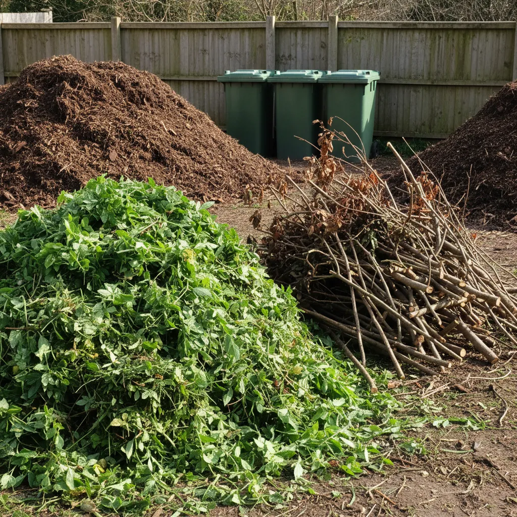 Grünabfall und Heckenschnitt zur Entsorgung gestapelt, zeigt anfallende Mengen und Entsorgungsoptionen für Gartenarbeit