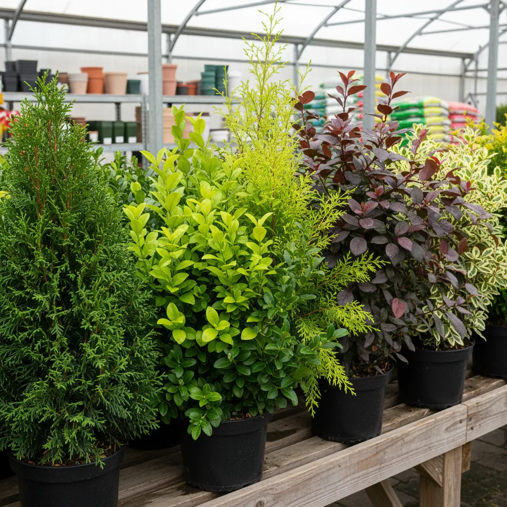 Verschiedene Heckenpflanzensorten wie Eibe, Liguster und Thuja mit unterschiedlichen Blattstrukturen und Farben im Vergleich.