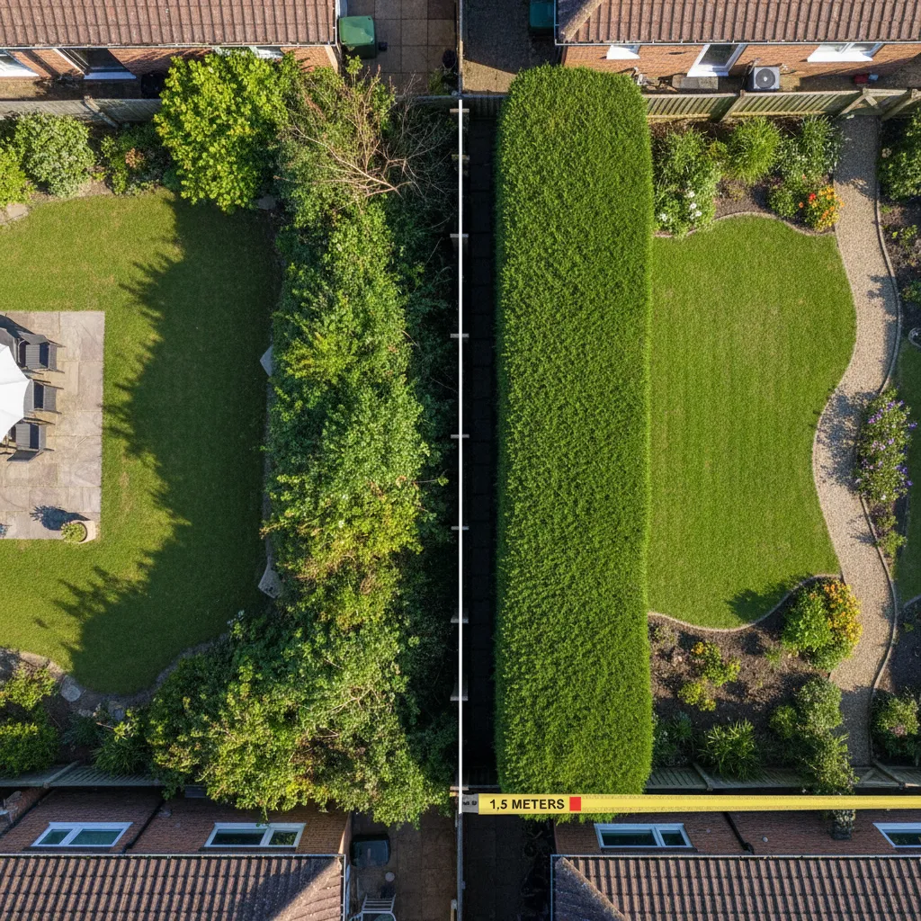 Blick auf zwei Grundstücke mit Hecke an der Grenze – Grenzabstände beim Heckenschnitt müssen beachtet werden