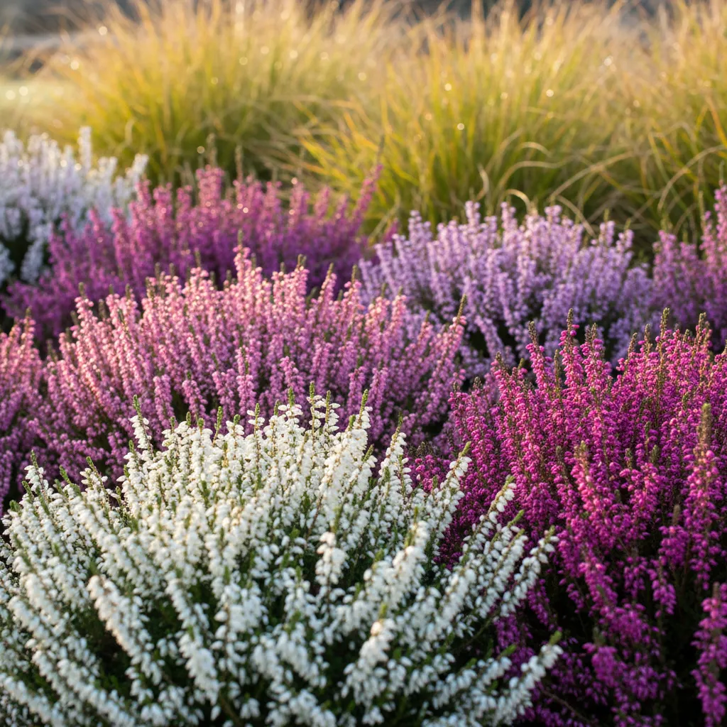 Detailaufnahme verschiedener Heidekraut-Sorten mit weißen, rosa und violetten Blüten sowie feinen Ziergräsern im Heidegarten