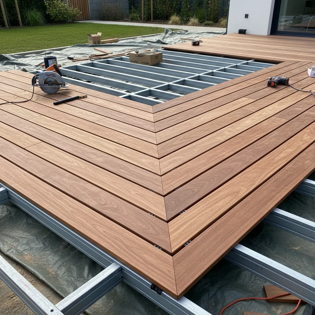Ipé-Terrassendielen während der Verlegung auf Aluminium-Unterkonstruktion mit korrekten Abständen zwischen den Dielen