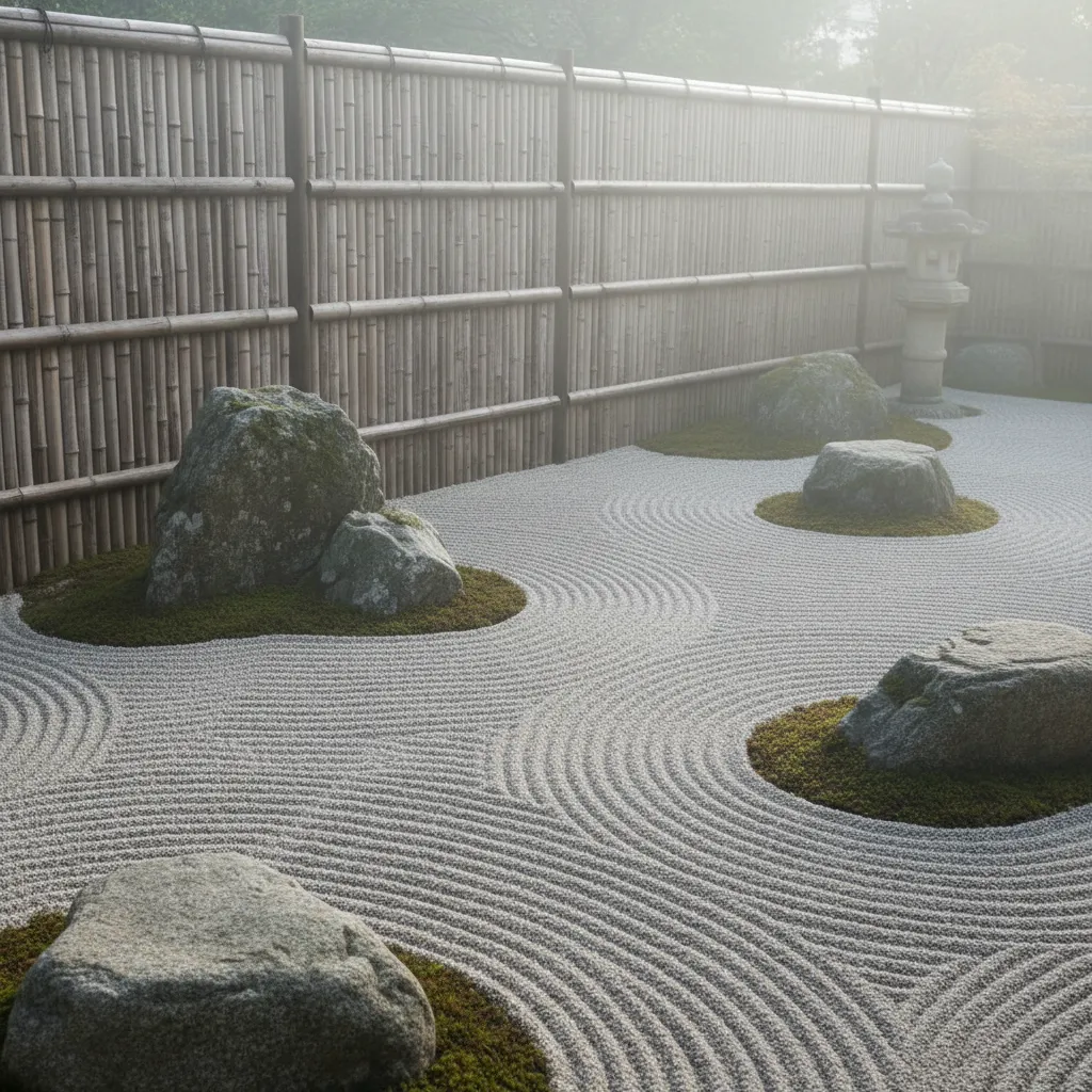 Zen-Steingarten mit strukturiertem Kiesbeet, großen Steinen und Bambuszaun – beispiel für minimalistischen japanischen Garten