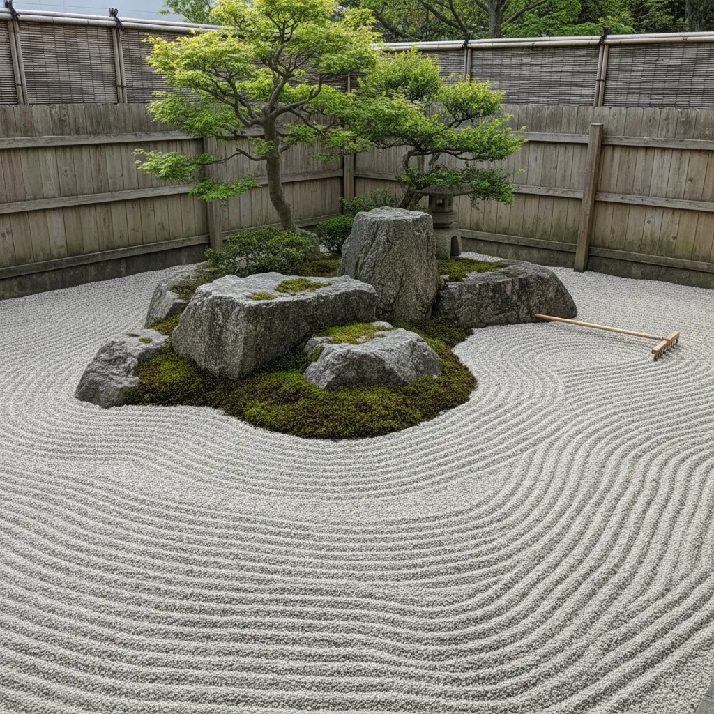 Japanischer Zen-Steingarten mit Kies-Muster, massiven Feldsteinen, Moos und minimalistischer Komposition