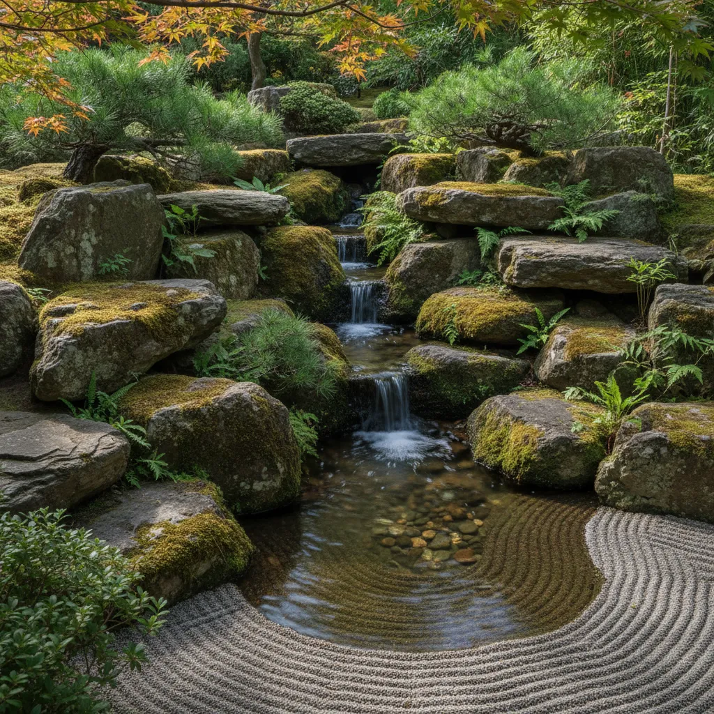 Detail einer japanischen Gartengestaltung mit Steinarrangement, Moosbewuchs und fließendem Wasser