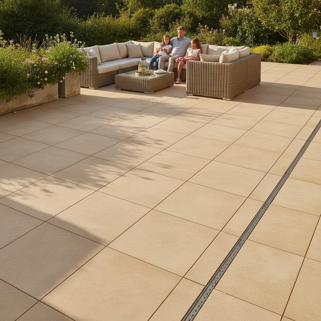 Fertig verlegte Keramik-Terrasse mit modernem Design, großformatigen Platten und gepflegtem Außenwohnbereich im Sommer