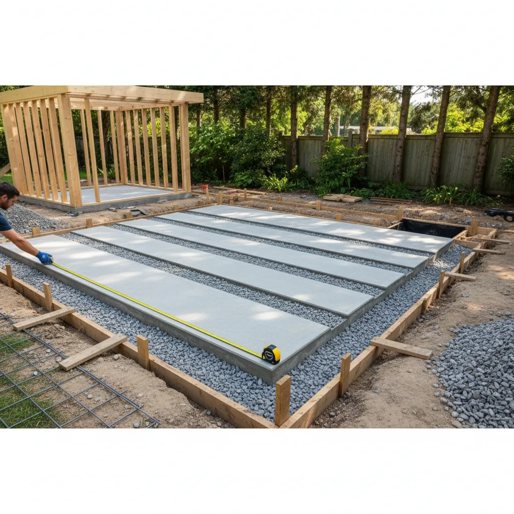Fundament-Vorbereitung für ein Gartenhaus: ebener, verdichteter Untergrund mit Betonbasis und Entwässerung