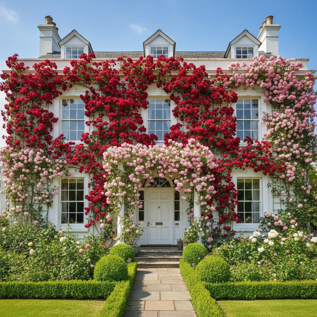Komplett mit Kletterrosen begrünte Hausfassade, Fassadenbegrünung in voller Blüte, mehrfarbiges Rosensortiment