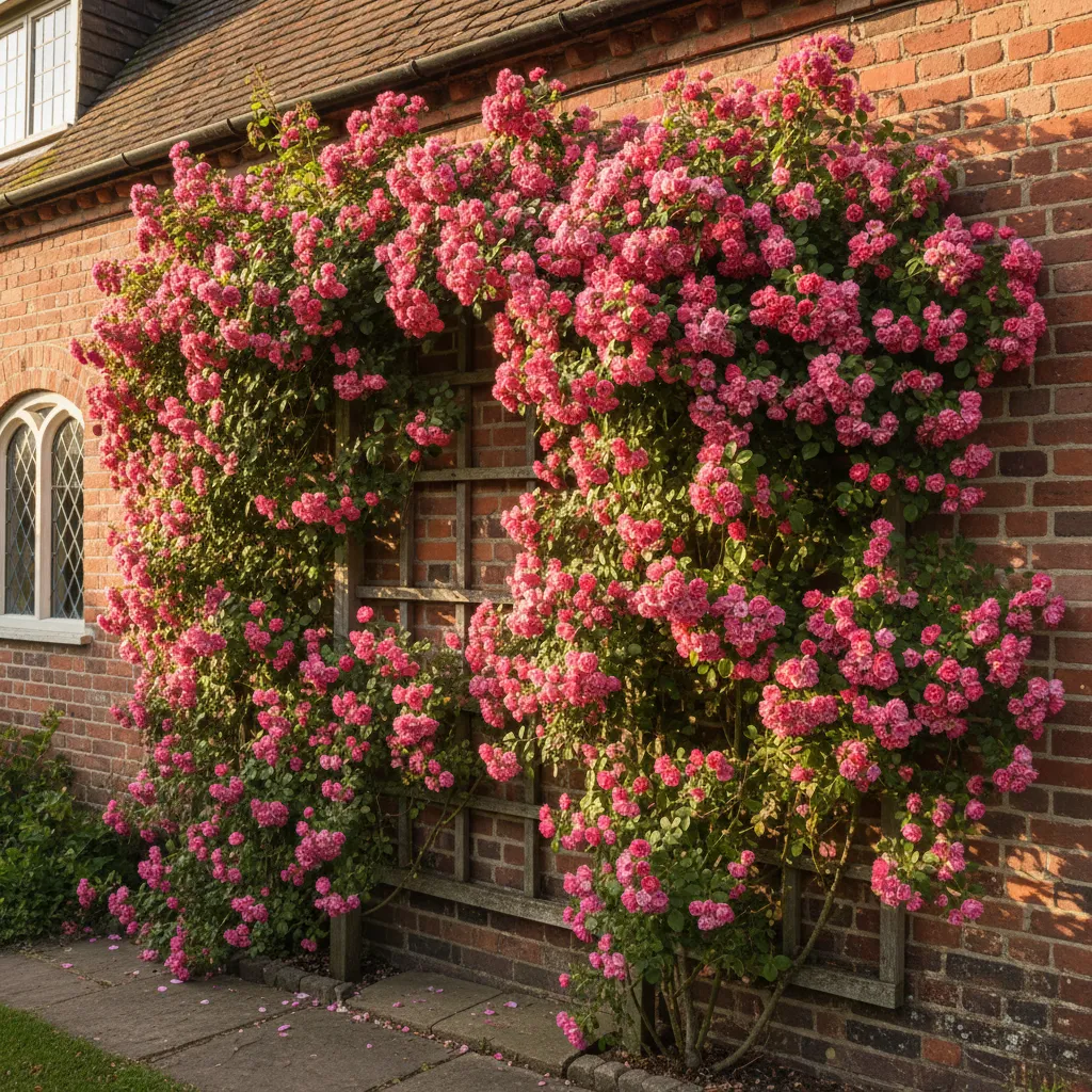 Kletterrose als wandgebundene Fassadenbegrünung an Hauswand: üppig blühende Rambler-Rose mit zahlreichen rosa-roten Blüten an Spalier