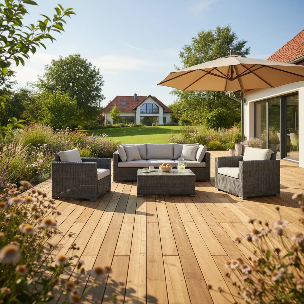Fertig verlegte Lärchen-Terrasse mit natürlicher Holzfärbung in einem Wohngarten