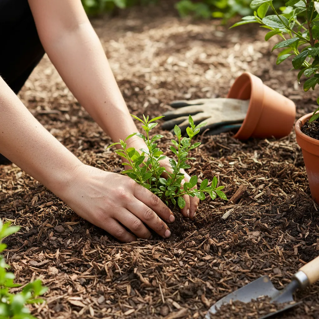Detailaufnahme beim Pflanzen von jungen Heckenpflanzen in vorbereitetem Boden mit Mulch