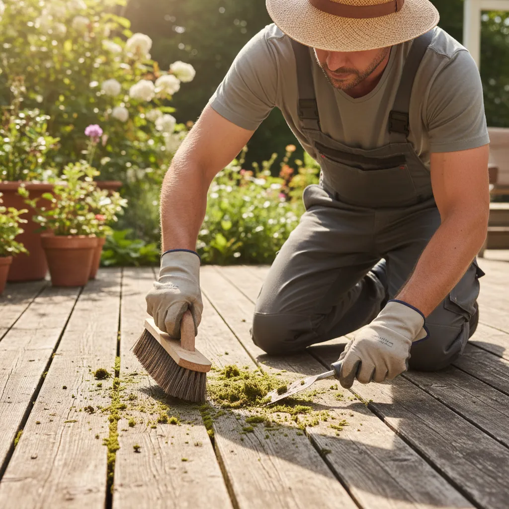 Moos von Holzterrasse mit Bürste und Kratzer entfernen: Reinigungstechnik im Garten