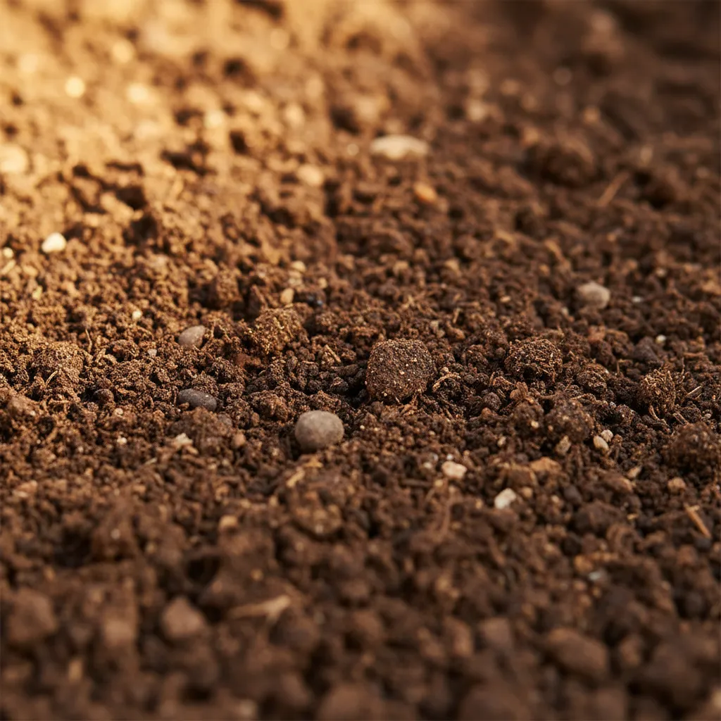 Detailaufnahme von hochwertigem gesiebtem Mutterboden mit krümeliger Struktur und hohem Humusanteil – zeigt Bodenqualität.