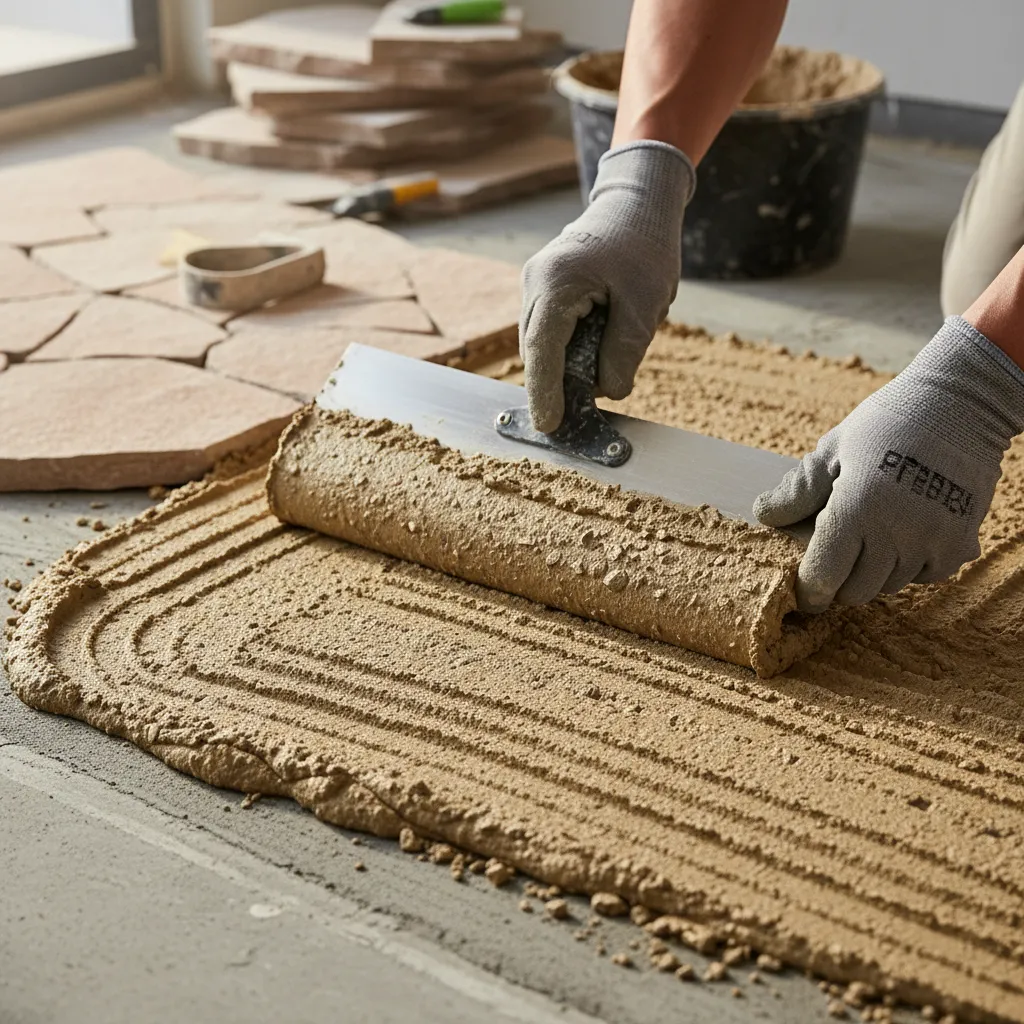 Fachgerechtes Verlegen von Natursteinplatten: Anwendung von Natursteinmörtel mit Zahnkelle während der Installation