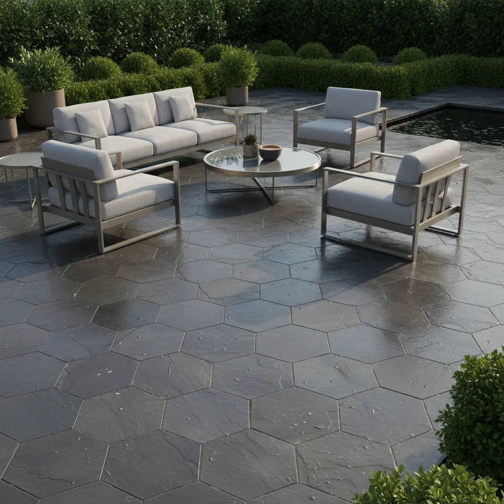 Fertig verlegte Polygonalplatten-Terrasse mit gleichmäßigen Fugen und moderner Optik