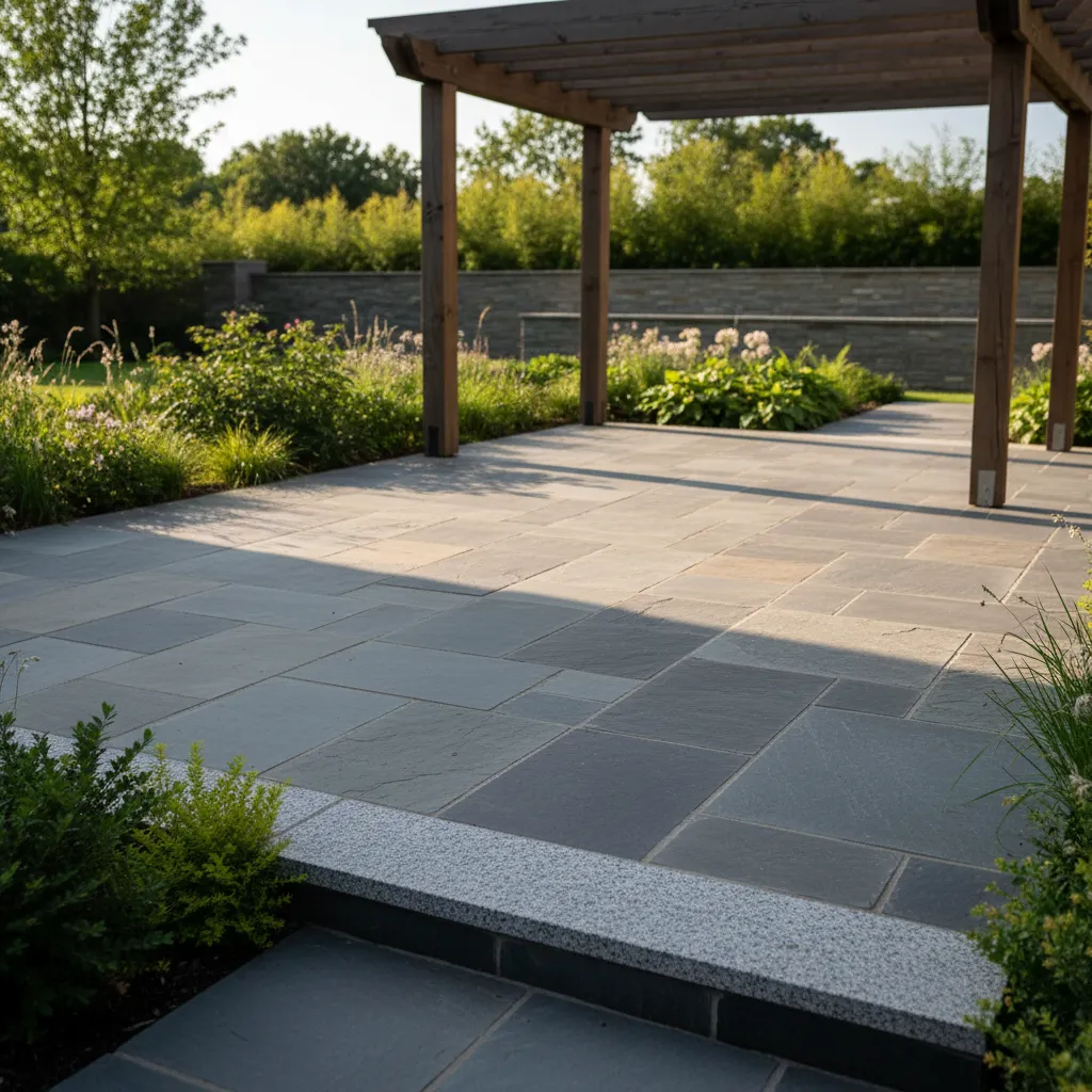 Fertig verlegte Terrasse aus Polygonalplatten mit modernem Design – ebene Natursteinfläche mit sauberen Fugen und harmonischer Gartengestaltung