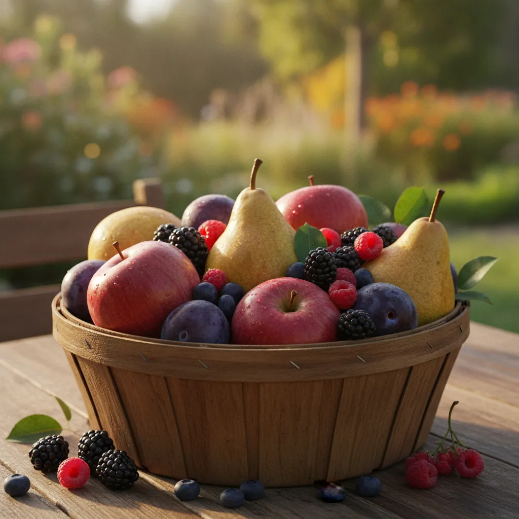 Bunte Obsternte aus dem eigenen Garten: Äpfel, Birnen, Pflaumen und Beerenobst im Korb