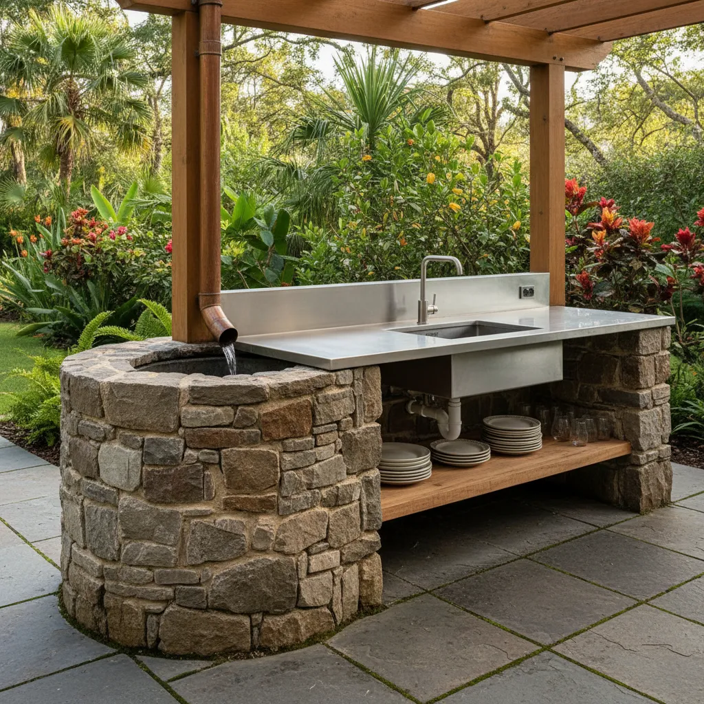 Regenwasserzisterne neben Outdoorküche: Sammelbehälter für Gartenbewässerung, Ablaufrohr vom Dach, Spüle und Arbeitsplatte im Fokus