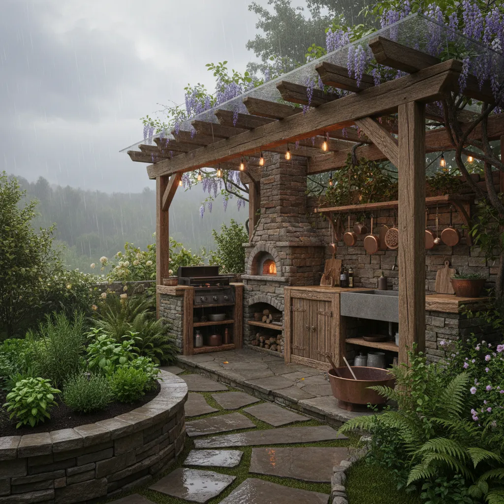 Rusikale Outdoor-Küche aus Naturstein und Holz, eingebettet in einen grünen Garten mit Kräuterbeet, wetterfeste Konstruktion erkennbar