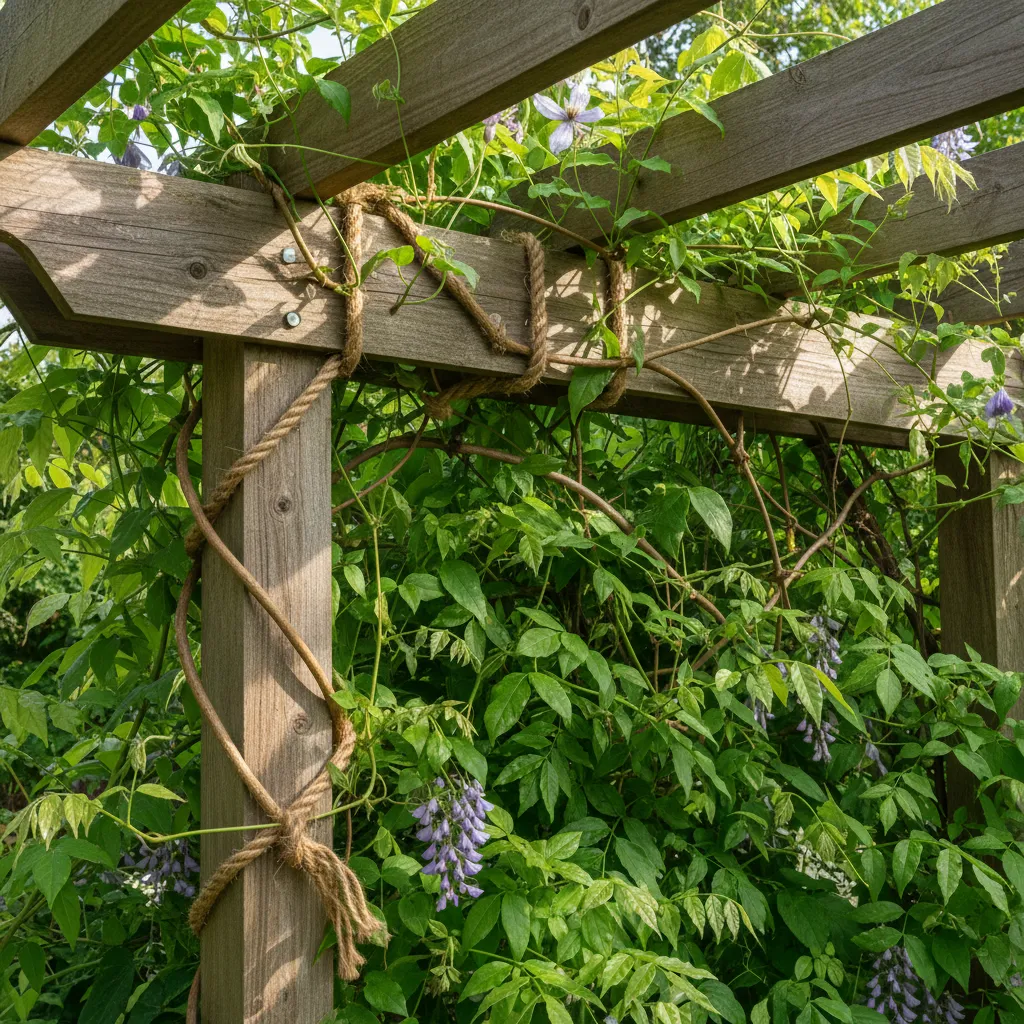 Detail einer Pergola-Bepflanzung mit Rankhilfen und Befestigungsschnüren, die Kletterpflanzen stützen und lenken