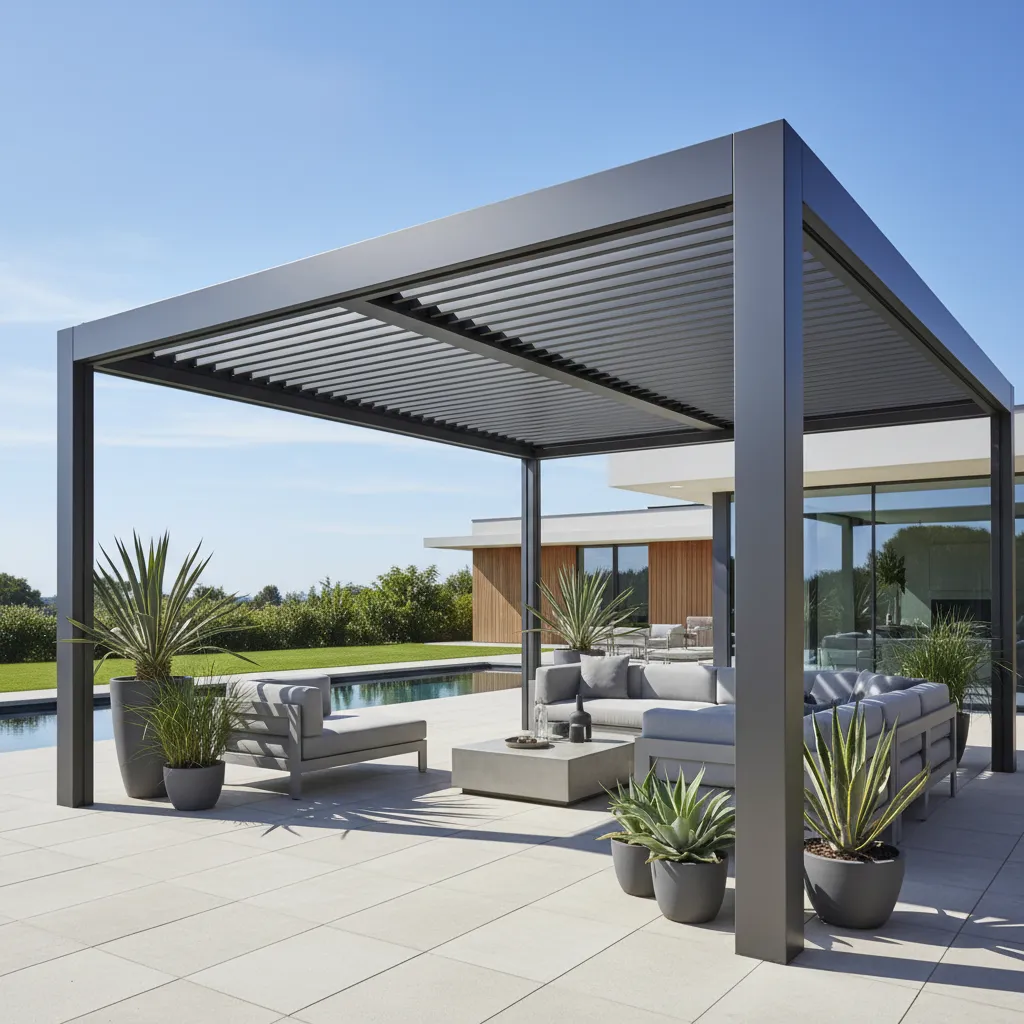 Moderne Aluminium-Pergola mit verstellbarem Lamellendach in offener Position, zeitgenössische Gartengestaltung