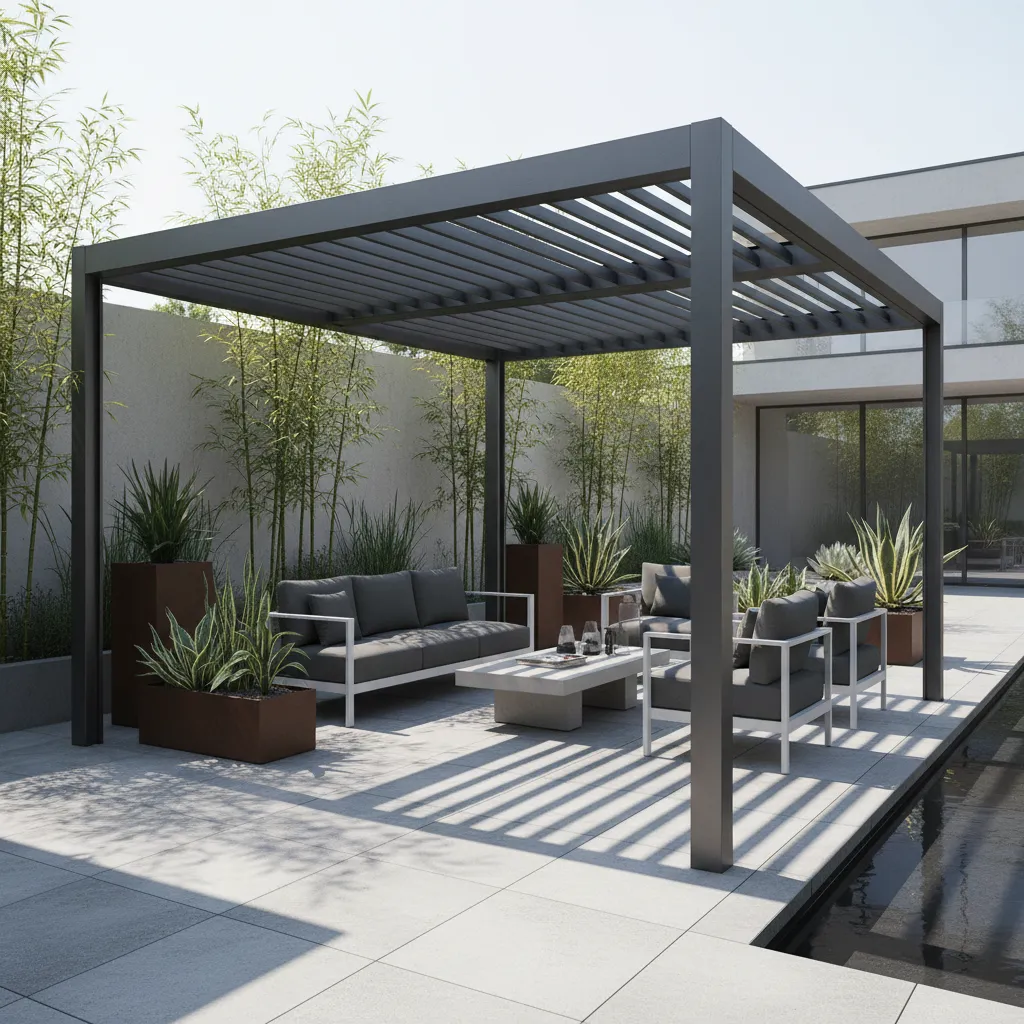 Moderne Aluminium-Pergola mit verstellbarem Lamellendach, zeitgenössisches Gartendesign mit klaren Linien und regulierbarer Beschattung