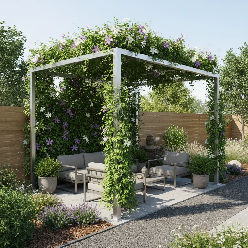 Freistehende Metall-Pergola an der Grundstücksgrenze mit Kletterranken als praktischer Sichtschutz