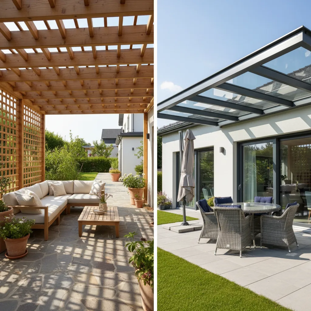 Vergleich Pergola versus Terrassenüberdachung: links offenes Pergola-Gitter mit Lichtdurchlass, rechts geschlossenes Glasdach mit Wetterschutz