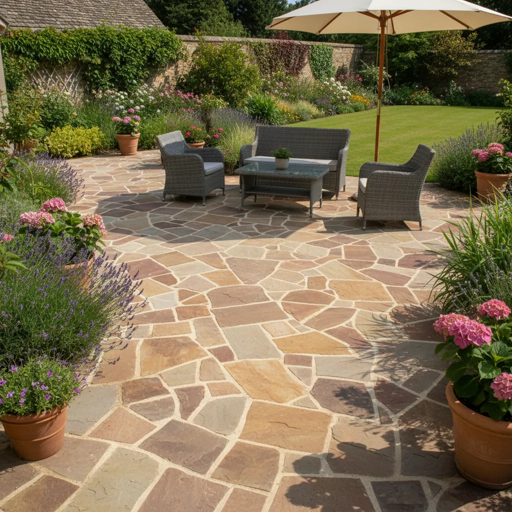 Fertig verlegte Terrasse mit Polygonalplatten zeigt harmonisches Fugenbild und professional ausgeführte Oberflächenentwässerung