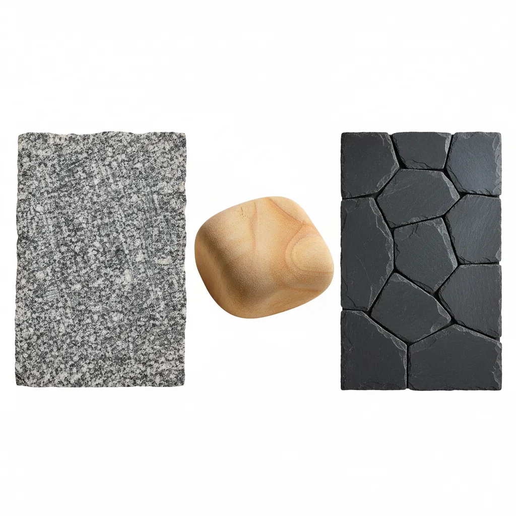 Vergleich verschiedener Polygonalplatten-Materialien: Granit, Sandstein und Schiefer mit unterschiedlichen Oberflächenstrukturen
