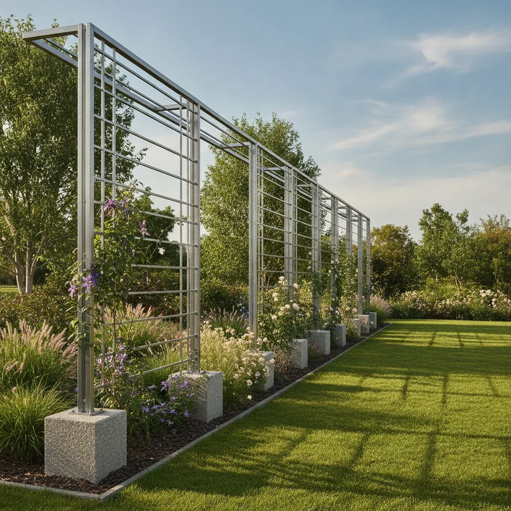 Ein modernes Aluminium-Rankgerüst mit stabilen Fundamenten und professioneller Montage an einem Gartenbeet, zeitgenössisches Design