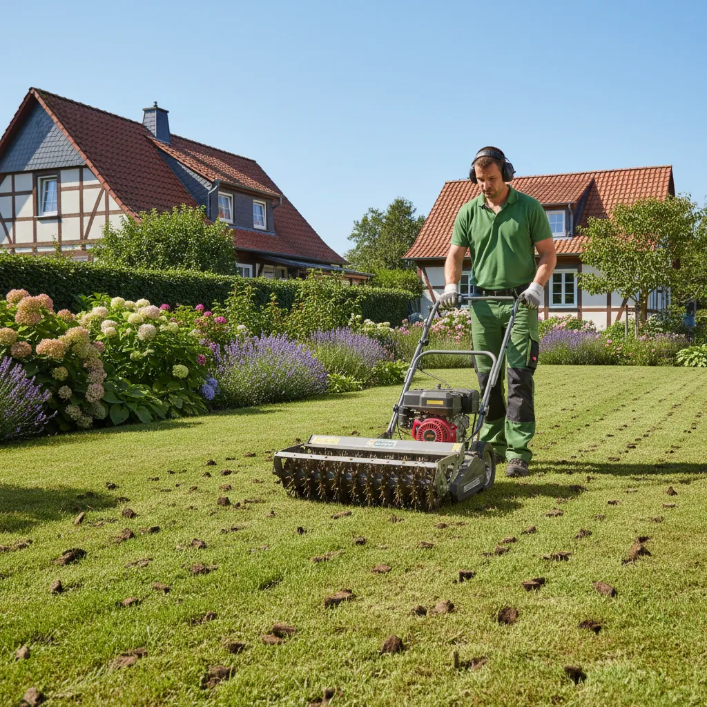 Rasen lüften mit Aerifizierer-Maschine, professionelle Rasenbelüftung mit Hohlspoons oder Spikes zur Verdichtungsbekämpfung