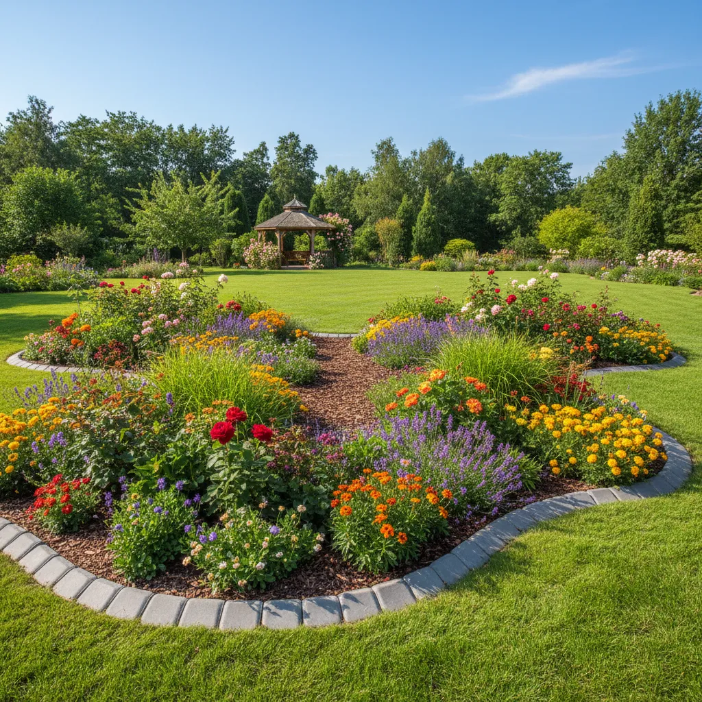 Vollständig verlegter Rasenkantenstein an geschwungener Beetform, zeigt saubere, gepflegte Gartengestaltung mit klarer Rasengrenze