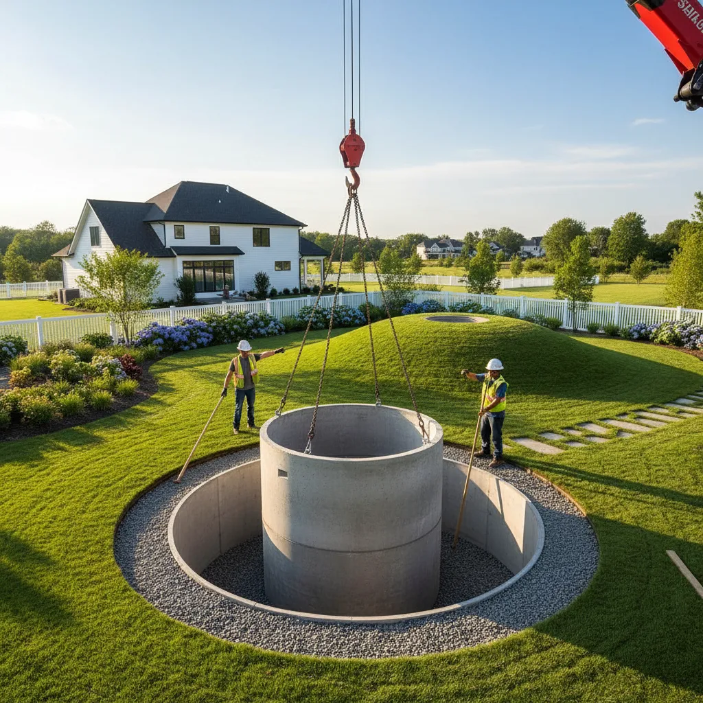 Fachgerechter Einbau einer Betonzisterne im Garten mit Kran und Bodenvorbereitung