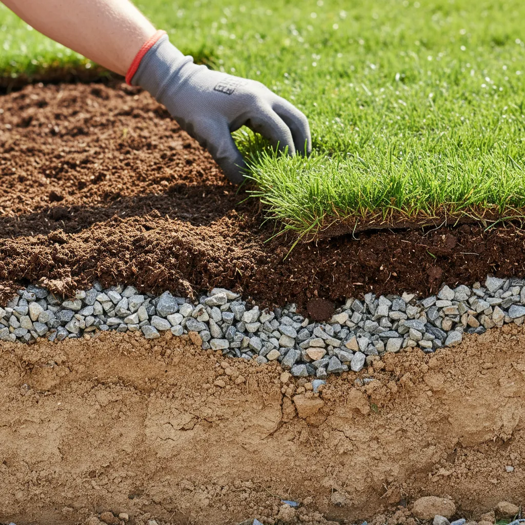 Detailaufnahme des Bodenschichtaufbaus unter neuem Rollrasen: Kompost, Drainage, verdichteter Untergrund und Rasensoden, zeigt professionelle Vorbereitung