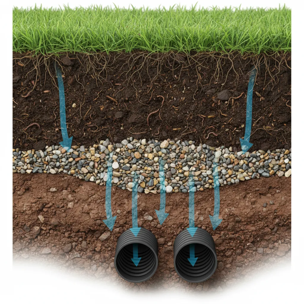 Querschnitt des Rollrasen-Untergrundes mit Drainage, Erdschichten und Verdichtung